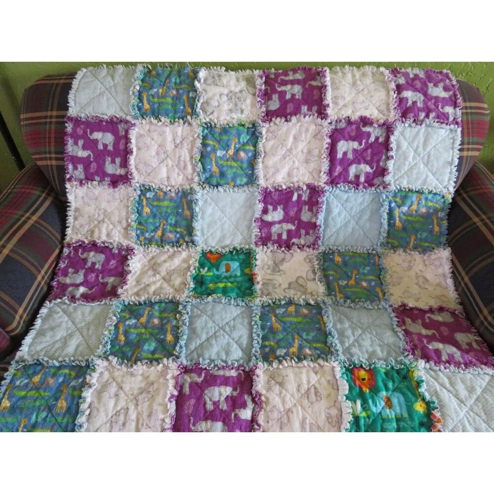 Flannel Rag Quilt With Batting 43 x 43,  Elephants, Zebras, and Jungle Animals